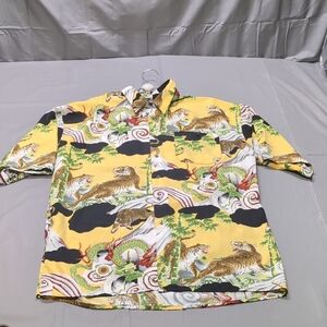 Billion‎ Bay Mens Yellow Green Button Down Shirt Tiger Dragon Print Size XXL